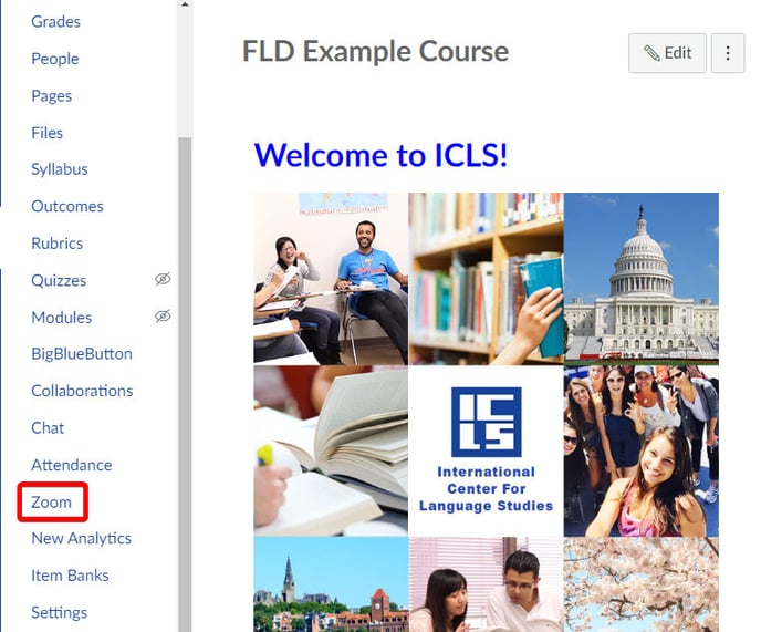 The Zoom button is located on the left-side course navigation list on the course Home Page.