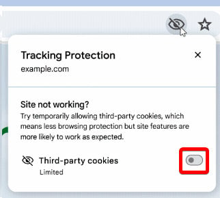 The third-party cookies toggle is under the "Site not working?" explanation text.