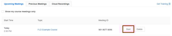 Zoom Page Meeting Start Button