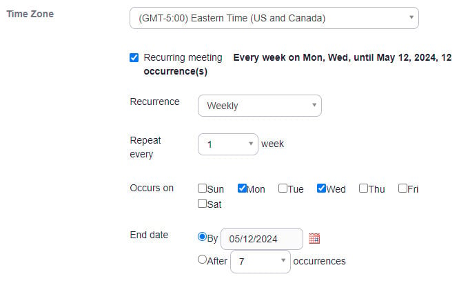 Zoom Scheduler Recurring Options